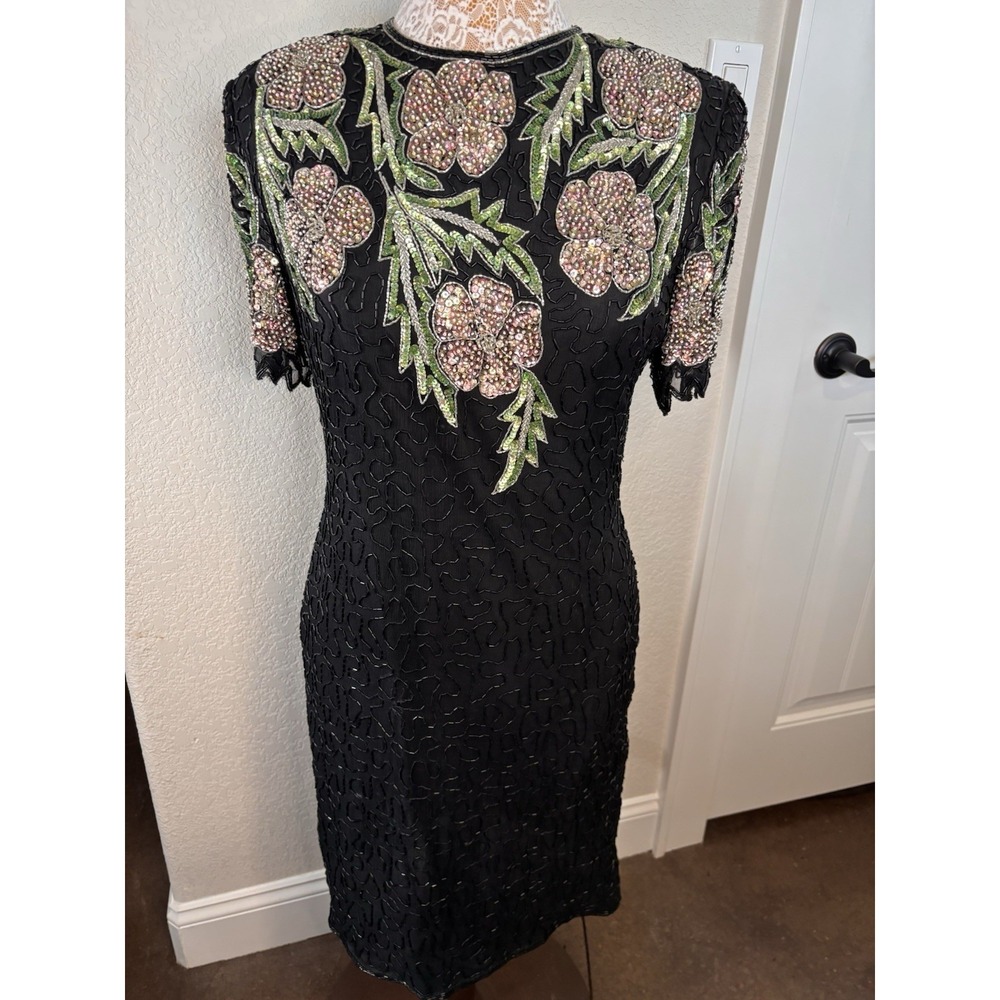 Vintage Laurence Kazar 100% Silk Beaded Sequin Open Back Black Floral Beaded L